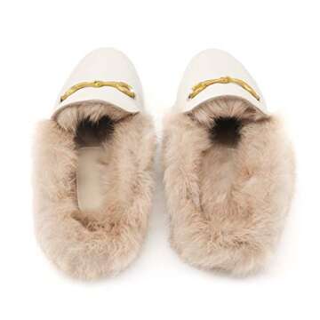 Comfity Mules for Women, Womens Slip On New Metal Decor Mule Flats Embroidery Loafers Backless Faux Fur Slippers White Fur 7 US