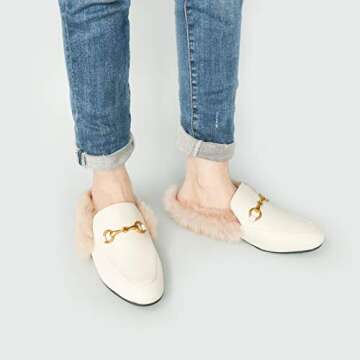 Comfity Mules for Women, Womens Slip On New Metal Decor Mule Flats Embroidery Loafers Backless Faux Fur Slippers White Fur 7 US