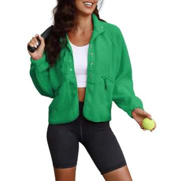 ReachMe Womens Sherpa Jacket Casual Lapel Button Down Cropped Fuzzy Fleece Jackets Long Sleeve Winter Coats with Pockets(2 Green,S)