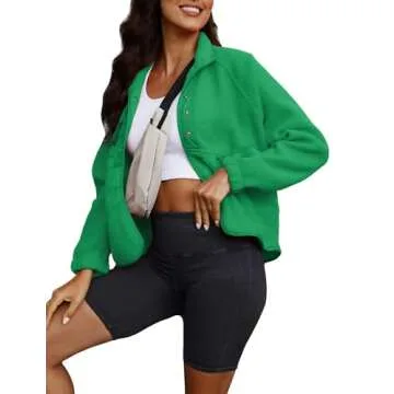 ReachMe Womens Sherpa Jacket Casual Lapel Button Down Cropped Fuzzy Fleece Jackets Long Sleeve Winter Coats with Pockets(2 Green,S)