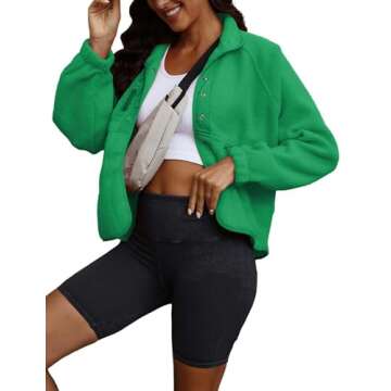 ReachMe Womens Sherpa Jacket Casual Lapel Button Down Cropped Fuzzy Fleece Jackets Long Sleeve Winter Coats with Pockets(2 Green,S)