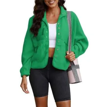 ReachMe Womens Sherpa Jacket Casual Lapel Button Down Cropped Fuzzy Fleece Jackets Long Sleeve Winter Coats with Pockets(2 Green,S)