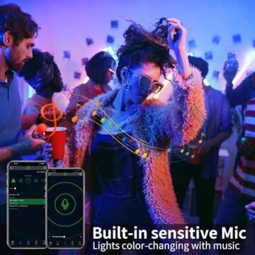 BATHEBRIGHT 5M led Lights Strip for Bedroom Smart Music Sync RGB Color Changing with App and Remote Control, Power Supply Led Strip Lights Lumiere Led for Home Party Room Decor