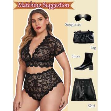 Avidlove Plus Size Lingerie Plus Floral Lace Scallop Trim Lingerie Set Deep V Allover Lace Bra Panties Set Sexy Clubwear (14W, 1 Black)