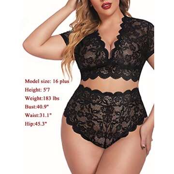 Avidlove Plus Size Lingerie Plus Floral Lace Scallop Trim Lingerie Set Deep V Allover Lace Bra Panties Set Sexy Clubwear (14W, 1 Black)