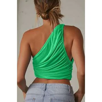 CHYRII Womens Ladies One Shoulder Tank Tops Sexy Summer Ruched Trendy Crop Tops Green M