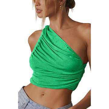 CHYRII Womens Ladies One Shoulder Tank Tops Sexy Summer Ruched Trendy Crop Tops Green M