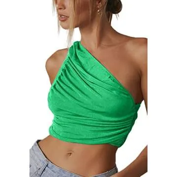 CHYRII Womens Ladies One Shoulder Tank Tops Sexy Summer Ruched Trendy Crop Tops Green M