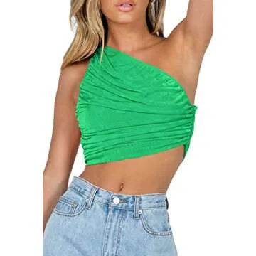 CHYRII Womens Ladies One Shoulder Tank Tops Sexy Summer Ruched Trendy Crop Tops Green M