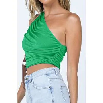 CHYRII Womens Ladies One Shoulder Tank Tops Sexy Summer Ruched Trendy Crop Tops Green M
