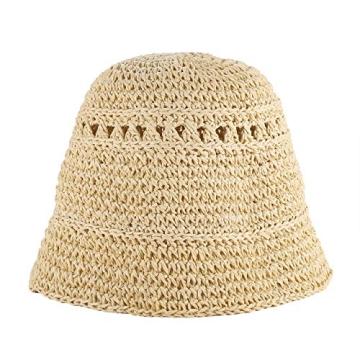 boderier Women's Raffia Straw Bucket Sun Hat Packable Hand-Woven Floppy Brim Summer Hat Beach Accessories (Beige)