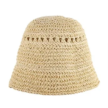 boderier Women's Raffia Straw Bucket Sun Hat Packable Hand-Woven Floppy Brim Summer Hat Beach Accessories (Beige)