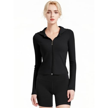 Abonlen Women's Lightweight Ribbed Hoodie - Full Zip, Long Sleeves, Fitted, Cropped Sweatshirt (Blac...