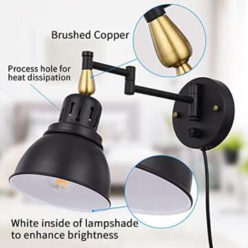 TRLIFE Dimmable Swing Arm Wall Lights with Plug in Cord Wall Mounted Light Industrial Wall Sconce , E26 Base, UL Listed(1 Pack)