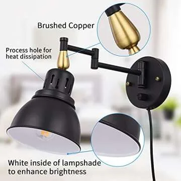 TRLIFE Dimmable Swing Arm Wall Lights with Plug in Cord Wall Mounted Light Industrial Wall Sconce , E26 Base, UL Listed(1 Pack)
