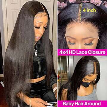 Lakin Glueless HD Lace Front Wigs Human Hair Pre Plucked Bleached Knots with Baby Hair 180 Density 4x4 Straight Lace Closure Wigs for Black Women Natural Black Color
