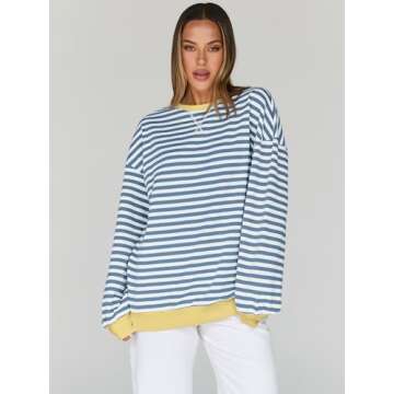 Trendy Queen Oversized Sweatshirt for Women 2024 Fall Crewneck Striped Long Sleeve Shirts Hoodies Pr...