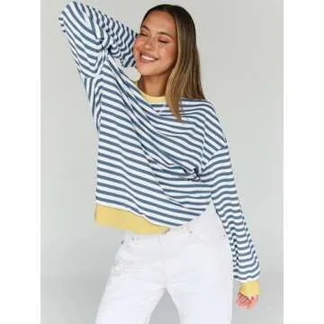 Trendy Queen Oversized Sweatshirt for Women 2024 Fall Crewneck Striped Long Sleeve Shirts Hoodies Preppy Top Y2K Outfits SEBlueWhite M