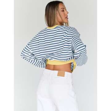 Trendy Queen Oversized Sweatshirt for Women 2024 Fall Crewneck Striped Long Sleeve Shirts Hoodies Preppy Top Y2K Outfits SEBlueWhite M