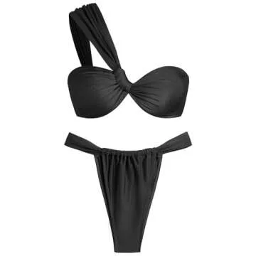 ZAFUL Women's One Shoulder Bikini Twisted Ruched High Cut Bandeau Bikini Set Two Piece Swimsuit Swimwear (0-Black, S)