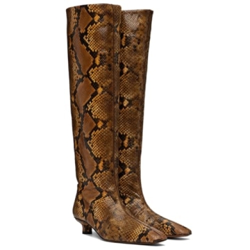 MOOMMO Women Snakeskin Kitten Heel Knee High Boots - Stylish Wide Calf Pleated Comfort