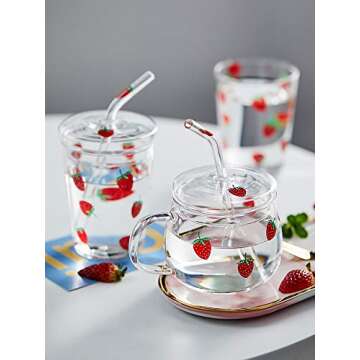 JHNIF 10 Oz Lovely Strawberry Clear Glass Tumbler with Lid and Straw.