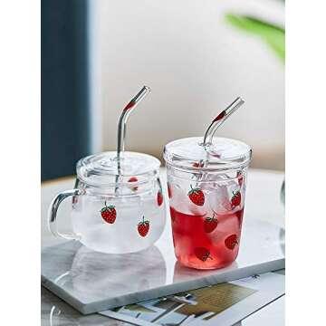 JHNIF 10 Oz Lovely Strawberry Clear Glass Tumbler with Lid and Straw.