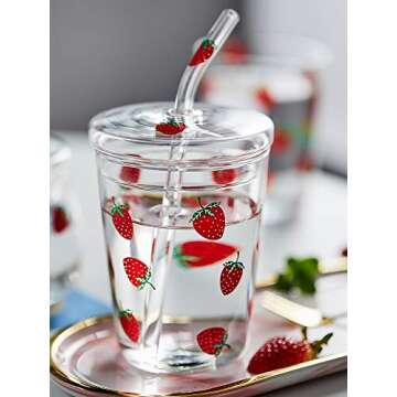 JHNIF 10 Oz Lovely Strawberry Clear Glass Tumbler with Lid and Straw.