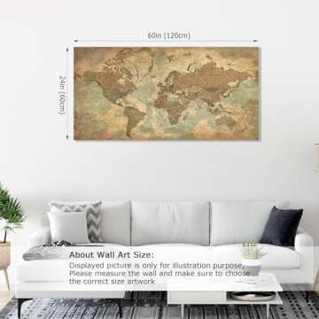 Vintage World Map Canvas Wall Art for Living Room, Large Framed Art Map of World Canvas Pictures Rustic Brown Map Painting Artwork Canvas Prints for Bedroom Kichen Office Home Wall Decor 24"x48"