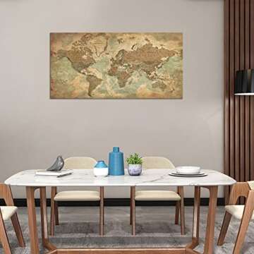 Vintage World Map Canvas Wall Art for Living Room, Large Framed Art Map of World Canvas Pictures Rustic Brown Map Painting Artwork Canvas Prints for Bedroom Kichen Office Home Wall Decor 24"x48"