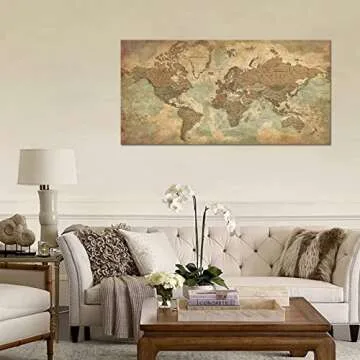Vintage World Map Canvas Wall Art for Living Room, Large Framed Art Map of World Canvas Pictures Rustic Brown Map Painting Artwork Canvas Prints for Bedroom Kichen Office Home Wall Decor 24"x48"
