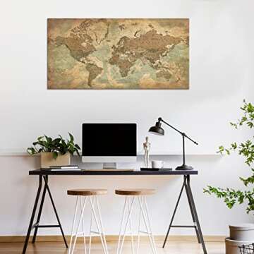 Vintage World Map Canvas Wall Art for Living Room, Large Framed Art Map of World Canvas Pictures Rustic Brown Map Painting Artwork Canvas Prints for Bedroom Kichen Office Home Wall Decor 24"x48"