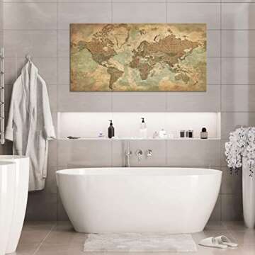 Vintage World Map Canvas Wall Art for Living Room, Large Framed Art Map of World Canvas Pictures Rustic Brown Map Painting Artwork Canvas Prints for Bedroom Kichen Office Home Wall Decor 24"x48"