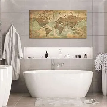 Vintage World Map Canvas Wall Art for Living Room, Large Framed Art Map of World Canvas Pictures Rustic Brown Map Painting Artwork Canvas Prints for Bedroom Kichen Office Home Wall Decor 24"x48"