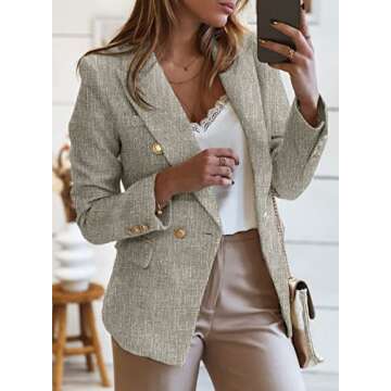 Happy Sailed Tweed Blazer Jackets for Women Spring 2025 Lapel Collar Long Sleeve Double Breasted Formal Office Work Suits Slim Fitted Open Front Professional Office Blazers Outfits Gray Small