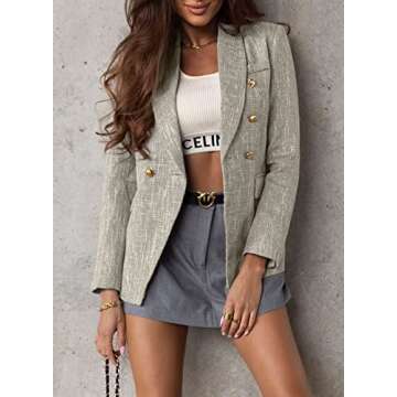 Happy Sailed Tweed Blazer Jackets for Women Spring 2025 Lapel Collar Long Sleeve Double Breasted Formal Office Work Suits Slim Fitted Open Front Professional Office Blazers Outfits Gray Small