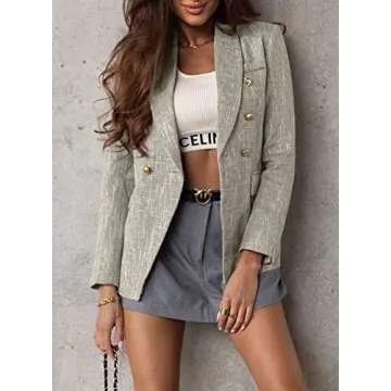 Happy Sailed Tweed Blazer Jackets for Women Spring 2025 Lapel Collar Long Sleeve Double Breasted Formal Office Work Suits Slim Fitted Open Front Professional Office Blazers Outfits Gray Small