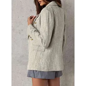 Happy Sailed Tweed Blazer Jackets for Women Spring 2025 Lapel Collar Long Sleeve Double Breasted Formal Office Work Suits Slim Fitted Open Front Professional Office Blazers Outfits Gray Small