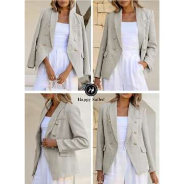 Happy Sailed Tweed Blazer Jackets for Women Spring 2025 Lapel Collar Long Sleeve Double Breasted Formal Office Work Suits Slim Fitted Open Front Professional Office Blazers Outfits Gray Small