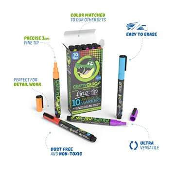 Crafty Croc Fine Tip Chalk Markers - (Precise 3mm Tip, 10 Neon Colors) - Erasable Dustless Liquid Chalk Ink Pens, Water-Based, Non-Toxic