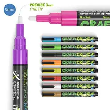 Crafty Croc Fine Tip Chalk Markers - (Precise 3mm Tip, 10 Neon Colors) - Erasable Dustless Liquid Chalk Ink Pens, Water-Based, Non-Toxic