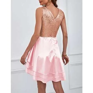 Lrady Women's Sequin Glitter V Neck Skater Mini Club Cocktail Party Swing Dress, Pink, 2X-Large