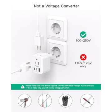 European Travel Plug Adapter, Foldable International Power Plug Adapter with 2 AC Outlets 3 USB Charging Ports(2 USB C), Type C Plug Adapter Travel Essentials, 1 Pack