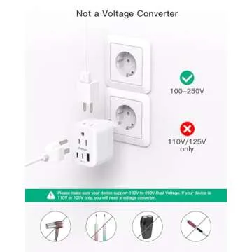 European Travel Plug Adapter, Foldable International Power Plug Adapter with 2 AC Outlets 3 USB Charging Ports(2 USB C), Type C Plug Adapter Travel Essentials, 1 Pack