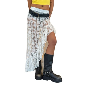 Women Lace Long Skirts Sheer Mesh See Through Midi Skirt Y2K Boho Flowy Skirt Summer Beach Maxi Skir...
