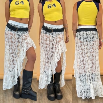 Women Lace Long Sheer Midi Skirt Y2K Boho Style