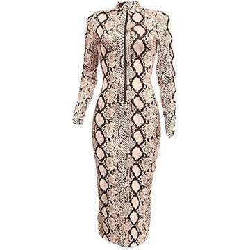 Xuan2Xuan3 Midi Dresses for Women Fall Long Sleeve Snake Printed Knit Evening Party Sexy Bodycon Dress Beige