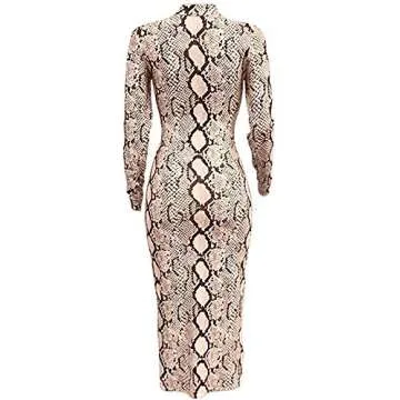 Xuan2Xuan3 Midi Dresses for Women Fall Long Sleeve Snake Printed Knit Evening Party Sexy Bodycon Dress Beige