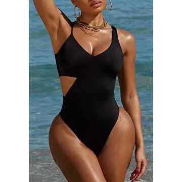 Pink Queen Women's Sexy One Piece Swimsuit Cutout Waist High Cut Tummy Control Bathing Suit Swimwear Black L