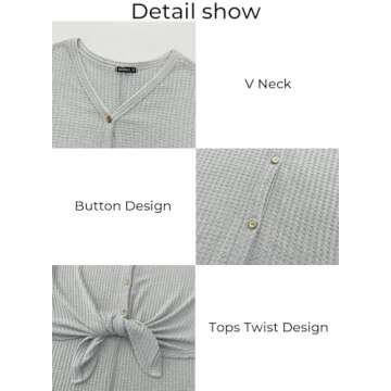 MIHOLL Womens Loose Blouse Long Sleeve V Neck Button Down T Shirts Tie Front Knot Casual Tops (Small, 1a- Light Grey (Long Sleeve))